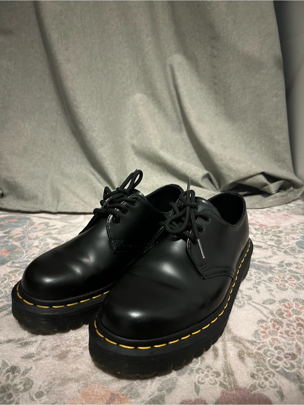 Dr. Martens Black Platform Lace-Up Shoes with signature Yellow Stitching